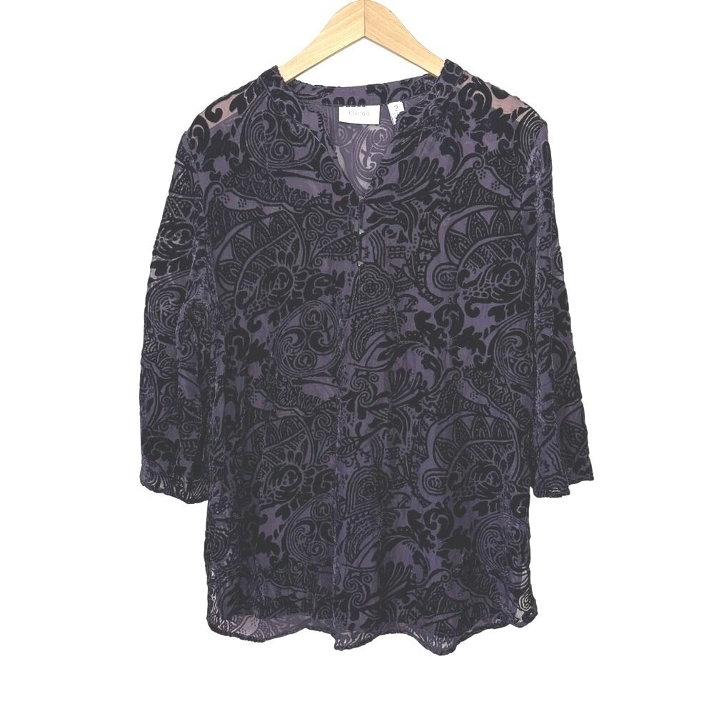 Chico's Sheer Burnout Top‎ Womens Size 2 US L Paisley Dark Purple Boho Festival
